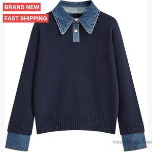 Oversized Long Sleeve Sweater with Denim Polo Collar, Loose Fit Pullover